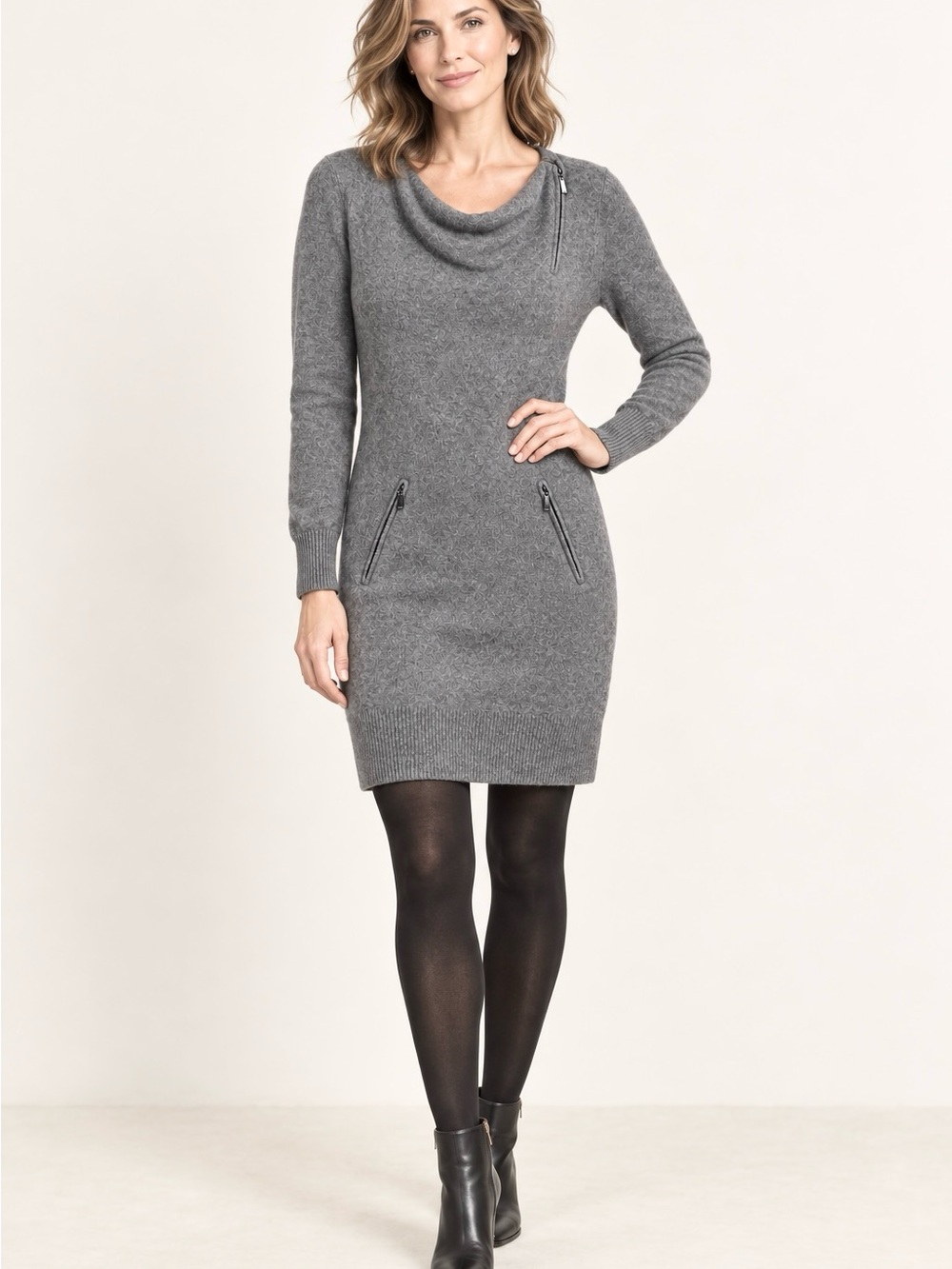 Saks Fifth Avenue 100% Cashmere Gray Cowl Neck Zip Sweater Dress